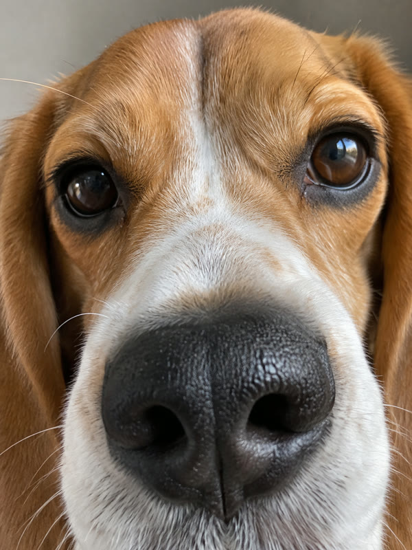 Extreme close-up of a beagle's nose and eyes