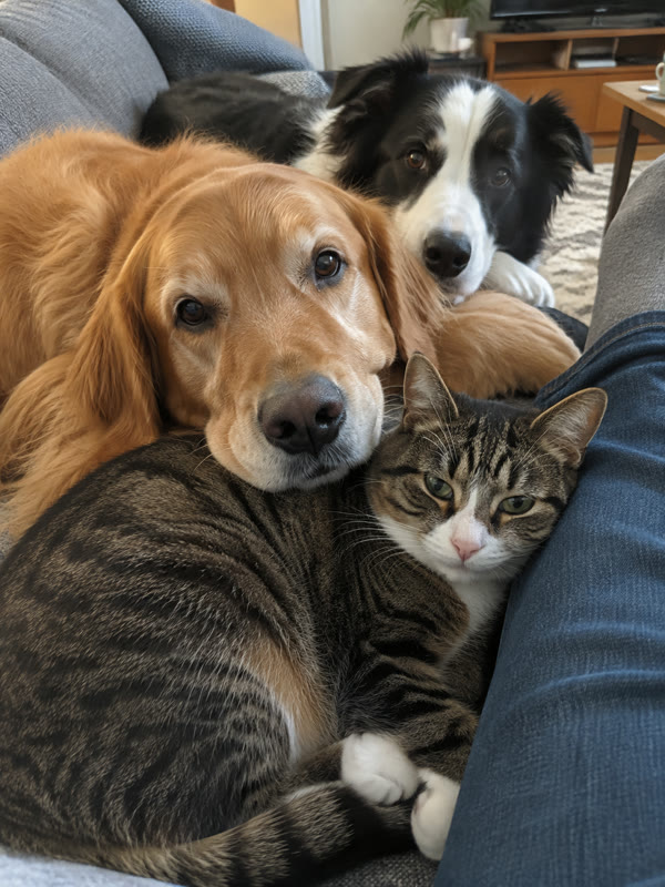 Two dogs and a cat squeezed together on a sofa