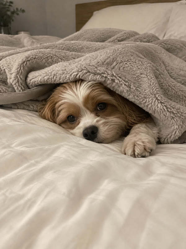 Small dog mostly hidden under a blanket on a bed