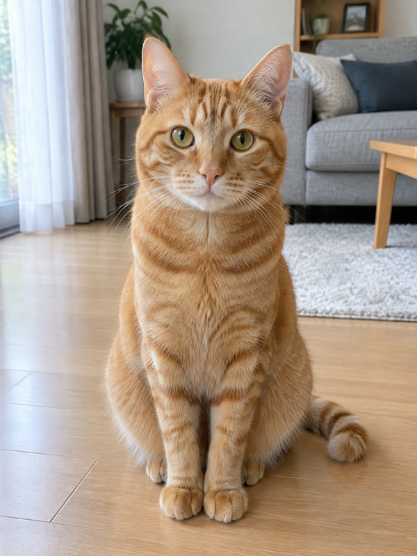 Orange tabby cat sitting on a wooden floor in window light