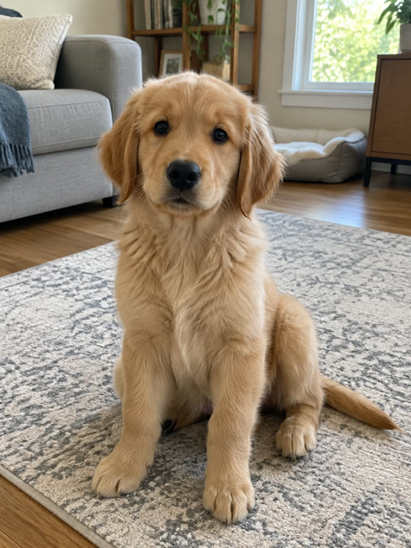 Golden retriever puppy sitting on a rug, whole body visible